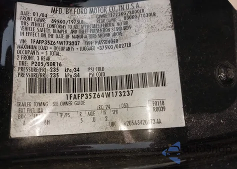 2004 Ford Focus Ztw из США, поврежденный, VIN 1FAFP35Z64W173237